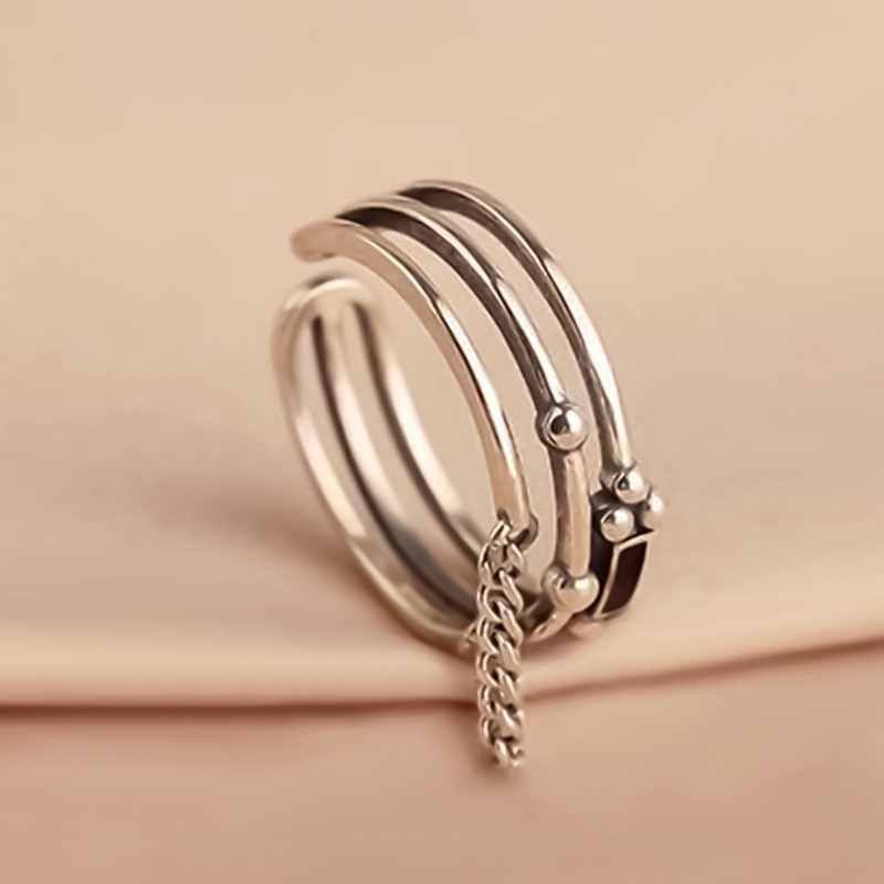 Fancyqube Cincin Rantai Multilayer Bentuk Persegi Panjang Warna Hitam Bahan Sterling Silver 925 Untuk Wanita