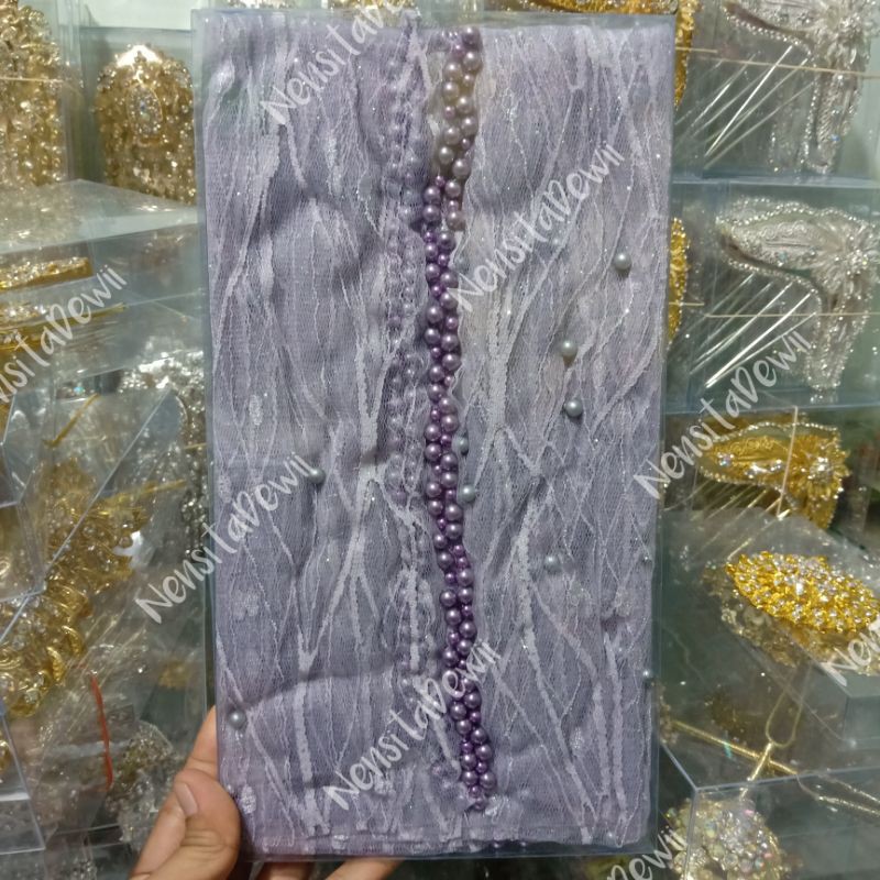KERUDUNG PENGANTIN / VEIL MUTIARA MOTIF AKAR / VEIL MUTIARA POLOS / VEIL PENGANTIN-Ungu Lilac (Akar)