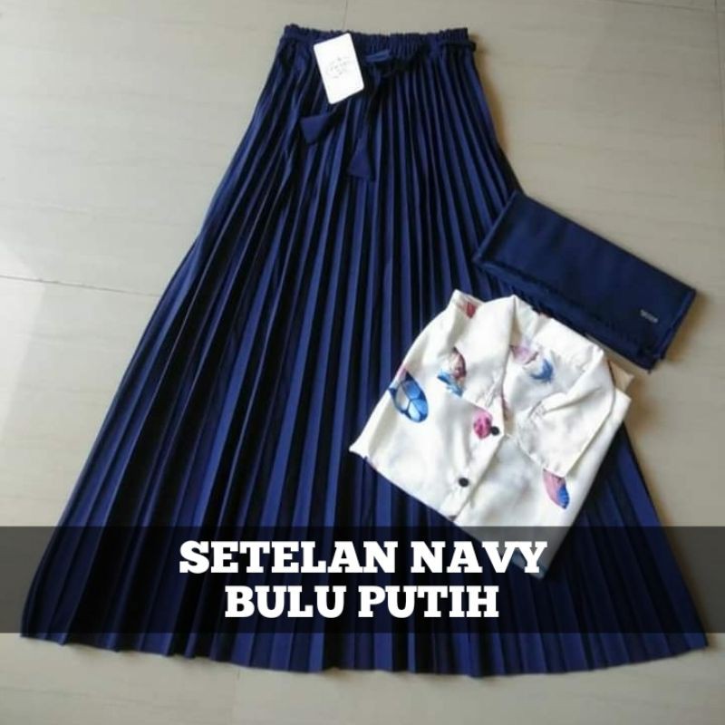 Setelan 3in1 Kemeja Rok Plisket Premium Warna Navy