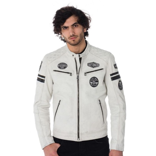 JAKET KULIT MOTOR ASLI DOMBA WARNA PUTIH | JAKET KULIT PRIA FULL BORDIR | JAKET KULIT TOURING