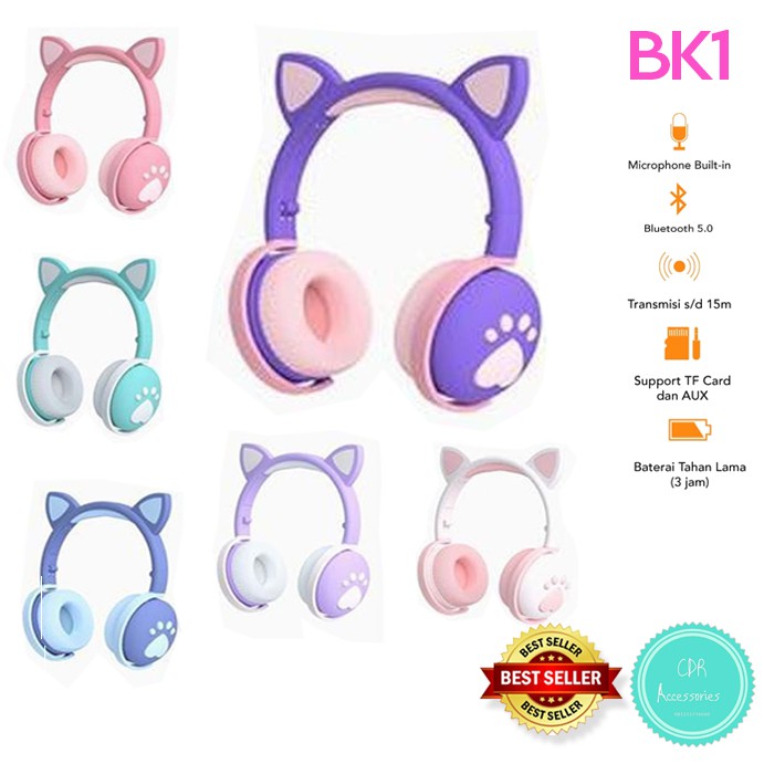 BK1 Cat Ear Headphone Wireless Bluetooth 5.0 / Headphone Gaming Telinga Kucing dengan Lampu LED