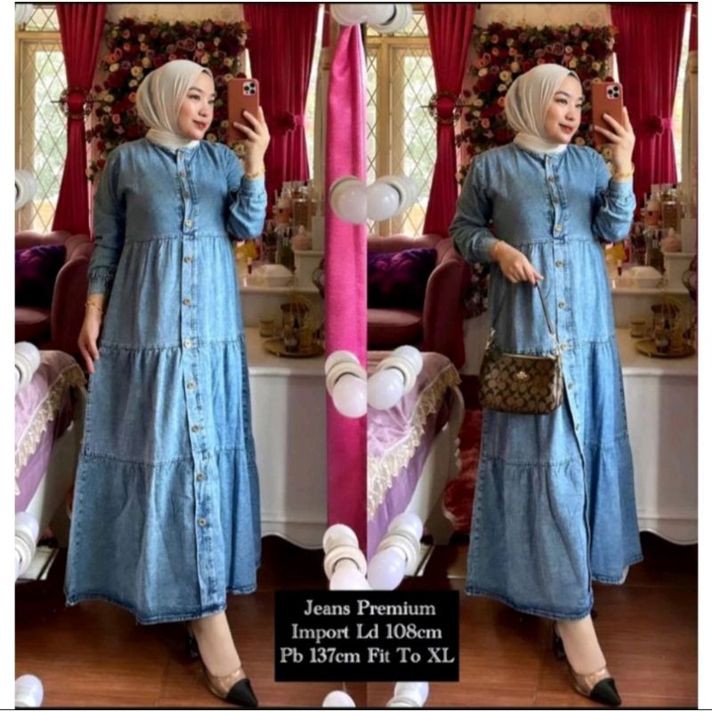 Gamis Jeans Full Kancing Umpak # Dress Panjang Umpak Wanita Terbaru # Gamis Denim Import