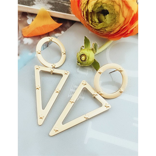 LRC Anting Tusuk Fashion Gold Big Triangle Ring Cutout Five-pointed Star Metal Earrings F40651