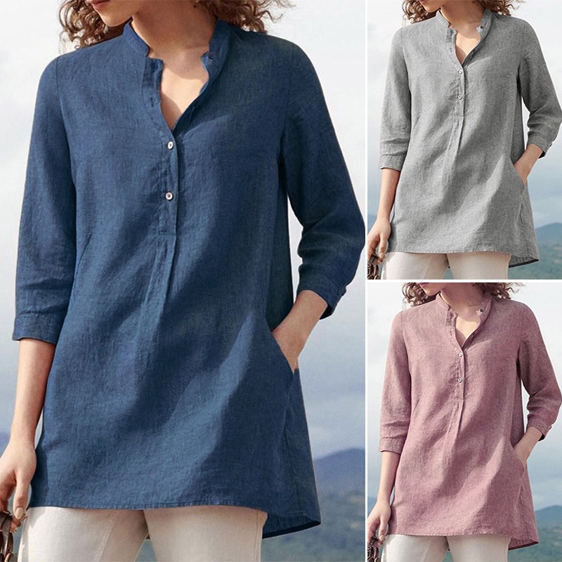 ZANZEA Womens 3/4 Sleeve V Neck Button Down Casual Loose Blouse