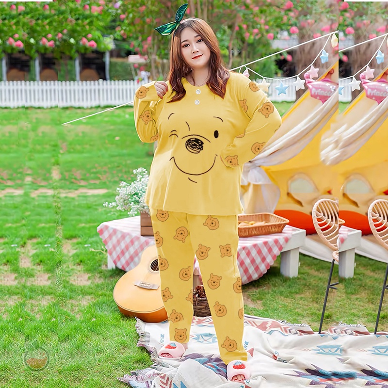 Sunchery Baju Tidur Jumbo Pooh XXXL Celana Panjang PP Bigsize Lengan Panjang Baby Doll Kaos