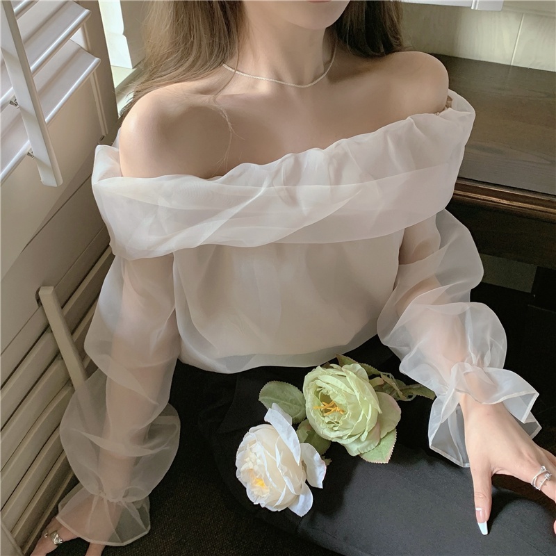 blouse korea kemej off-the-shoulder one-shoulder jahitan mesh kemeja lengan panjang french shirt top