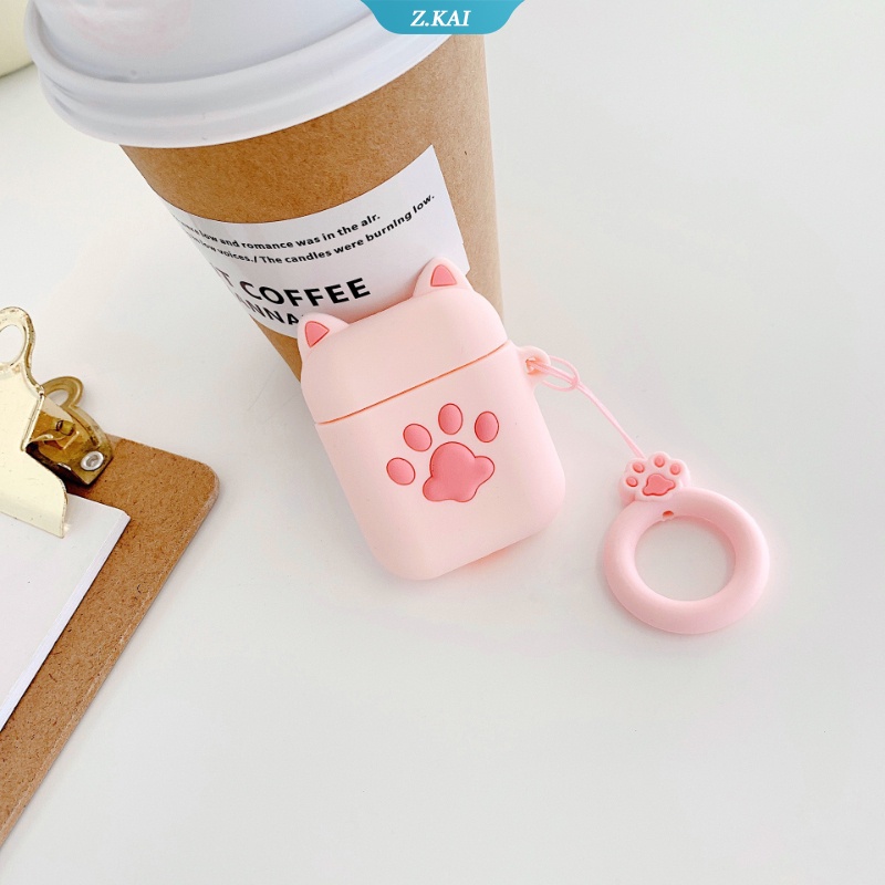Casing Silikon Motif Kartun Cakar Kucing + Gantungan Kunci Untuk Simpan Earphone Wireless Bluetooth Apple AirPods 1 / 2 pro