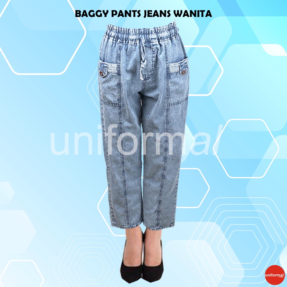 Celana Baggy Pants Jeans Wanita,  Celana Perempuan Pinggang Karet Tali, Celana Wanita Kekinian Saku Depan, Baggy Boyfrend Mid Waist ROSE BAGGY PANTS // BOYFRIEND JEANS SNOW