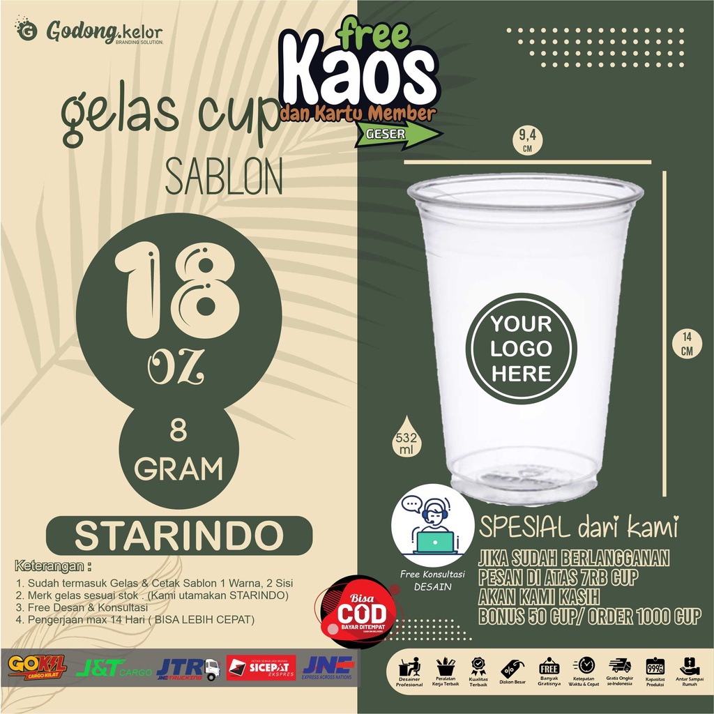 (PROMO) FREE T-shirt & Card Member. Gelas Cup Sablon 18 oz 8 gram Datar Plastik Starindo SJP