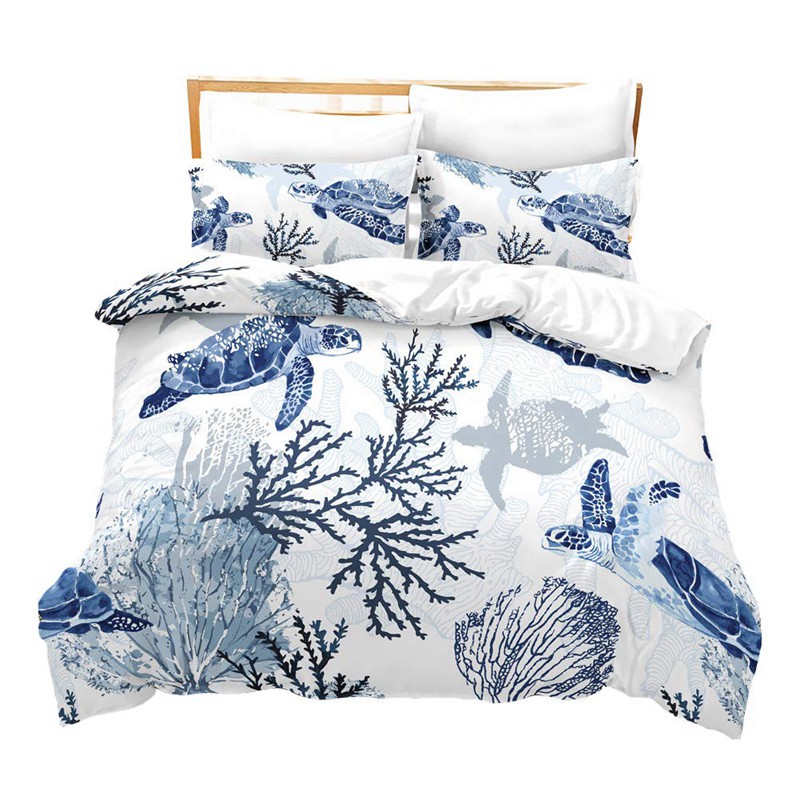 Duvet Cover Set Turtle And Sea Plants Printed Design Blue Ocean