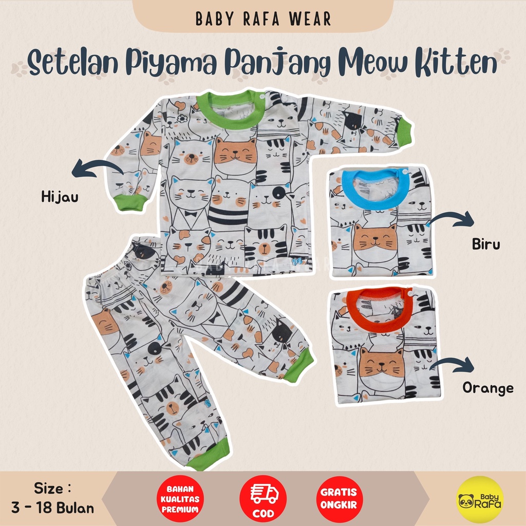 Setelan Piyama Baju Bayi Panjang 3 - 18 Bulan merk Viori motif MEOW KITTEN