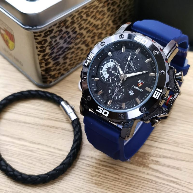 COD JAM TANGAN ORIGINAL LEOPARD TALI RUBBER YL0034 TANGGAL AKTIF WATER RESIST CRONO OFF