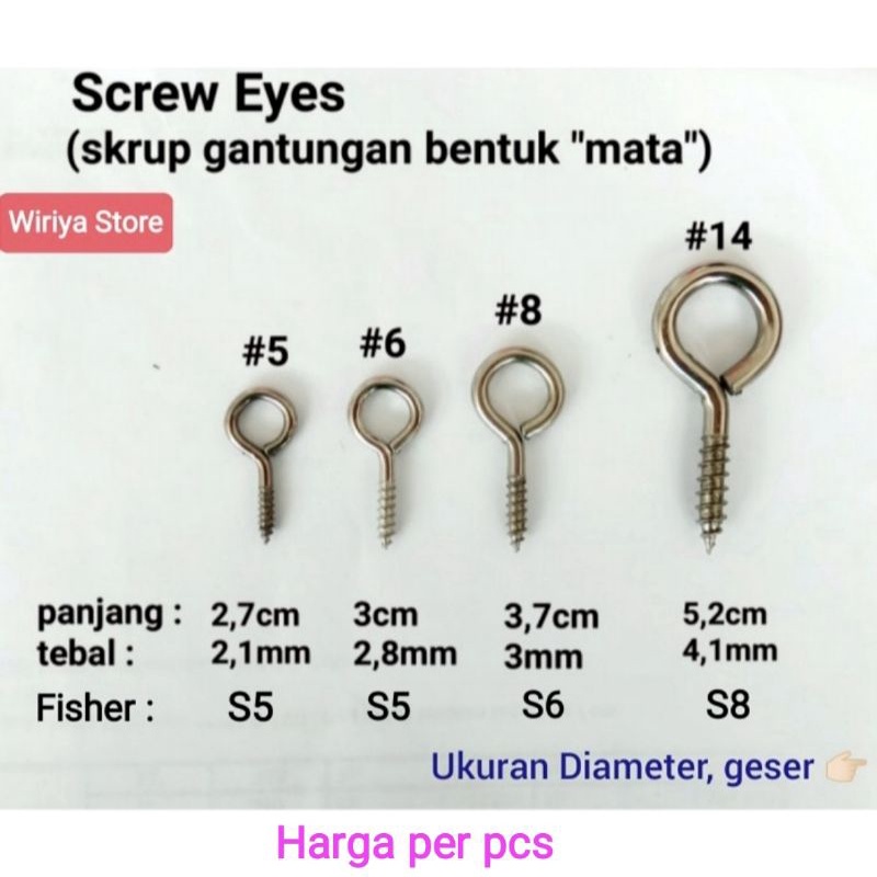 Skrup Mata / Skrup Gantung Tutup / Sekrup Gantungan Bulat Tutup no 5 , 6 , 8 , 14 / cantolan kait bu