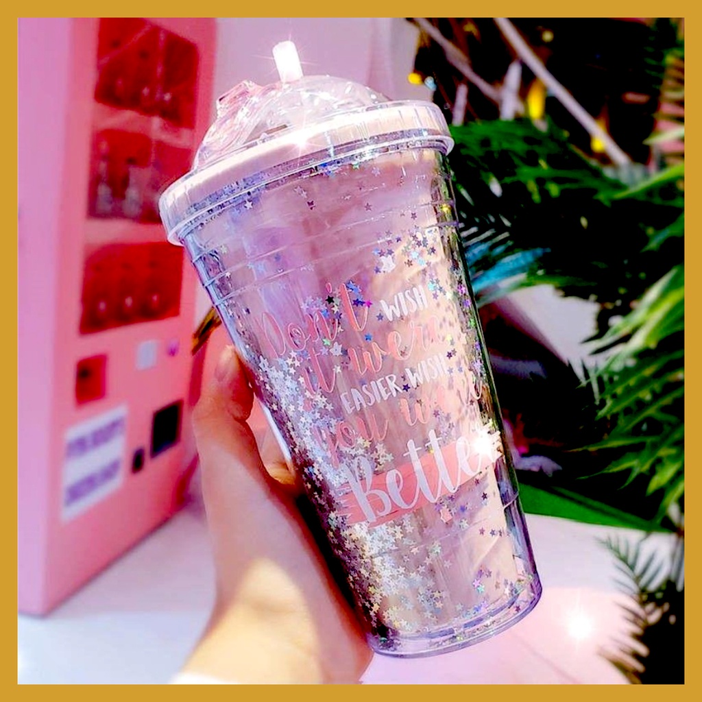 Botol Minum Tumblr Glitter Gelas Botol Gemoy Tumbler Cups Blink Botol Minum Air Sedotan 450ML GOSHOP88