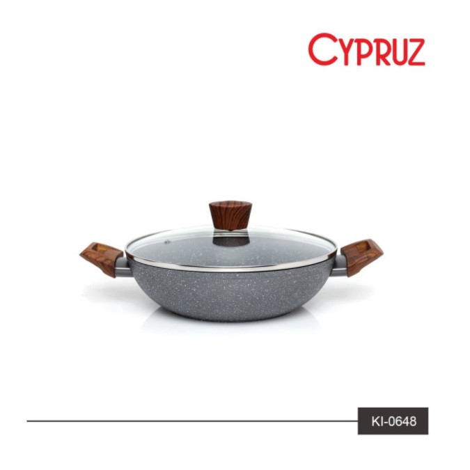 Wajan Kuali Marble Wok Induksi + Tutup Kaca 26cm - Cypruz