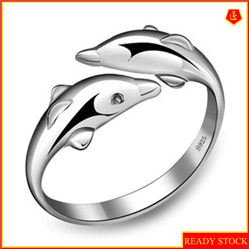 [Ready Stock]Happy Double Dolphin Love Silver Ring Women