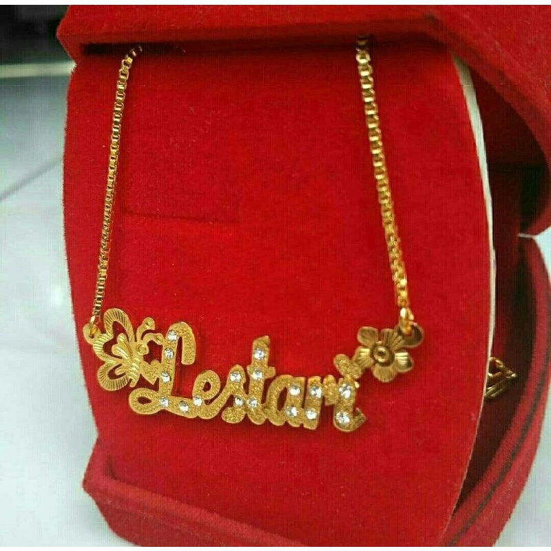 Kalung nama lapis emas asli pakai permata / anti karat / anti alergi / kalung wanita / kalung italy 