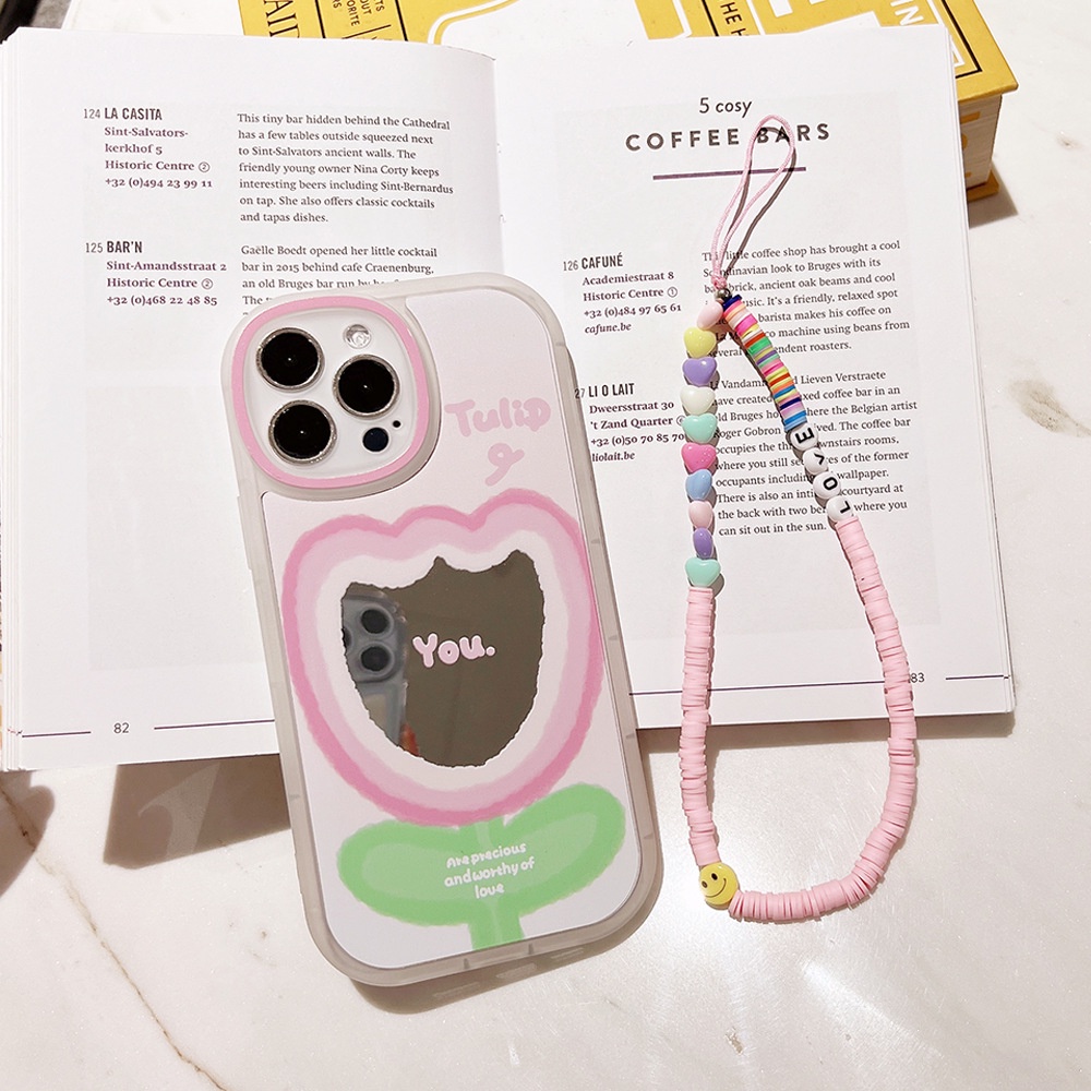 Case Pelindung Desain Bunga Tulip Mata Besar Dengan Rantai Pink Untuk Iphone 14 11 8 7 Plus SE2 XS XR 12 13 Mini PRO MAX