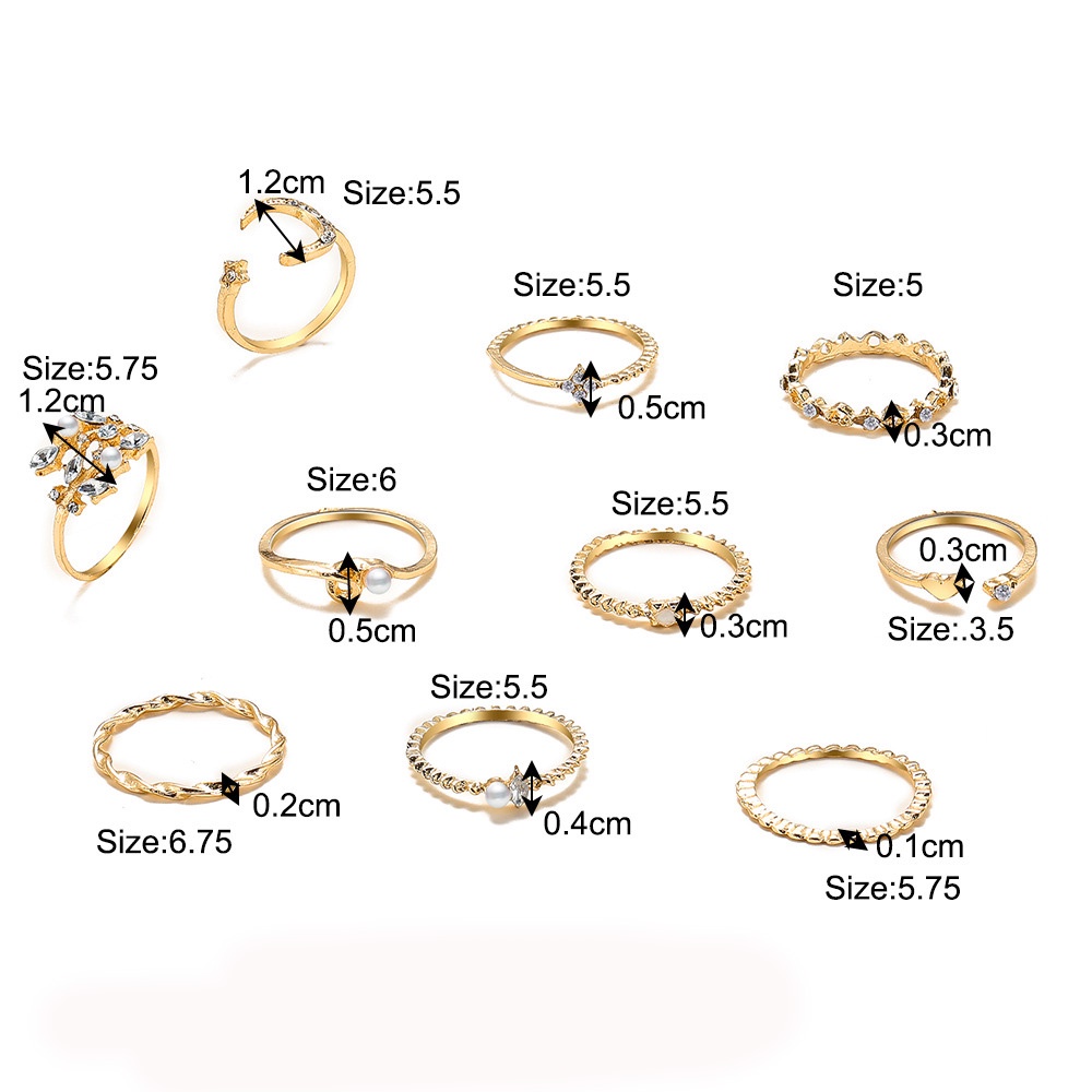 10pcs / Set Cincin Jari Bentuk Bintang Daun Bulan Bulat Warna Emas Gaya Bohemian Untuk Wanita