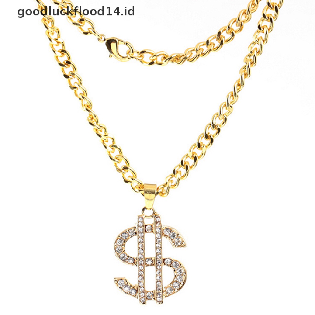 [OOID]  Gold Plated Crystal Dollar Sign Pendant Necklace Gangster Pimp Hip Hop Chain ID