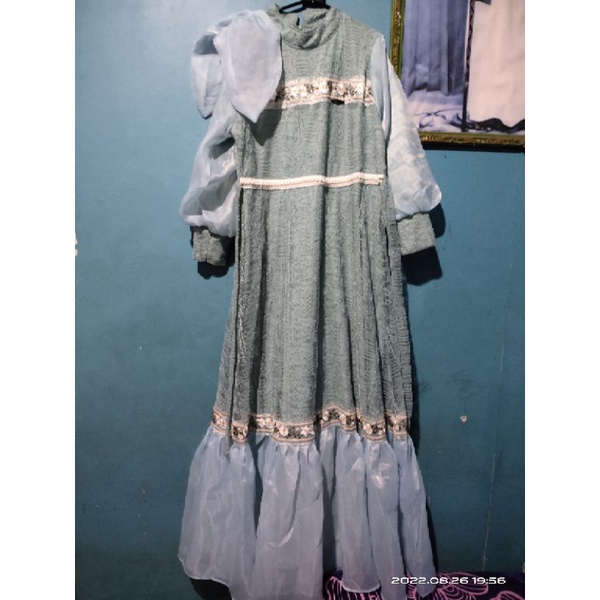 Gaun muslimah organza cantik biru langit preloved