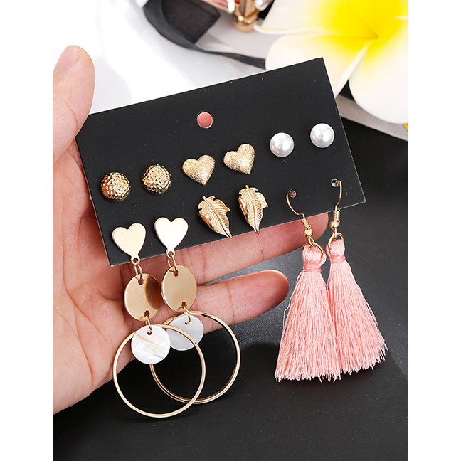 LRC Anting Set Fashion Gold Metal Leaf Pearl Shell Heart Shaped Tassel Stud Earring Set F76185