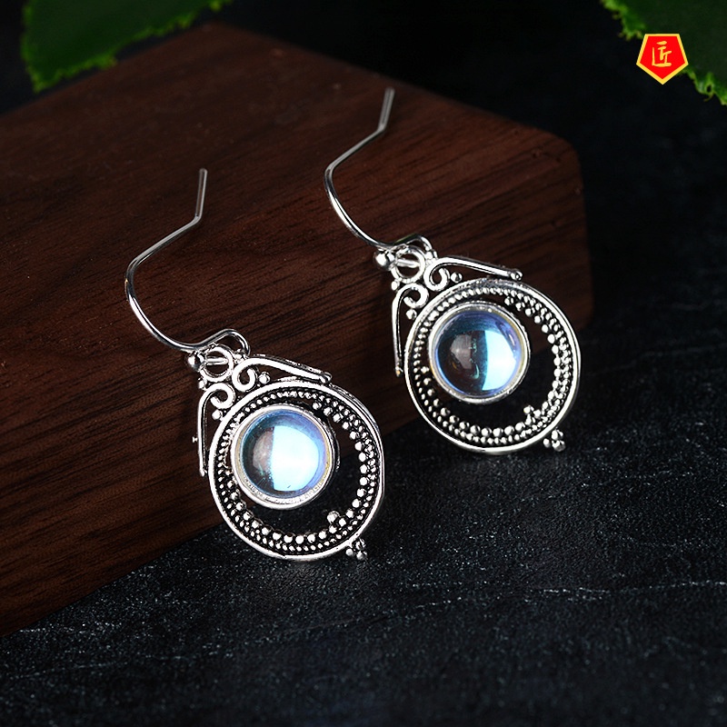 [Ready Stock]Retro Silver Moonstone Earrings Women's