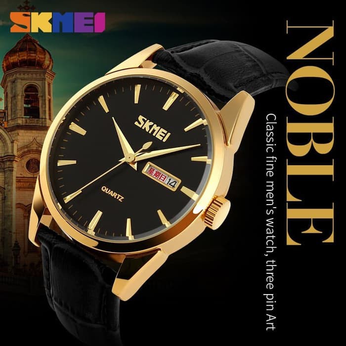Jam Tangan Cowok /  Jam Tangan Pria Clasic SKMEI 9073 Original Anti Air - Hitam Gold Terbaru