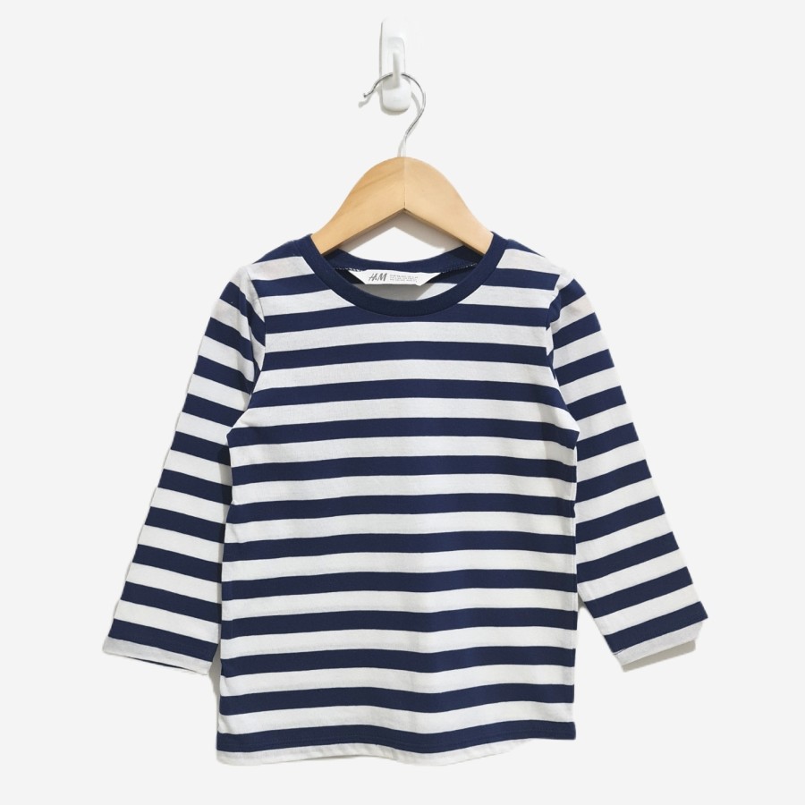 Kaos Lengan Panjang Anak Laki Stripe Navy White H&M Size 2y 4y/ Kado Baju HnM katun Adem Murah  Ori