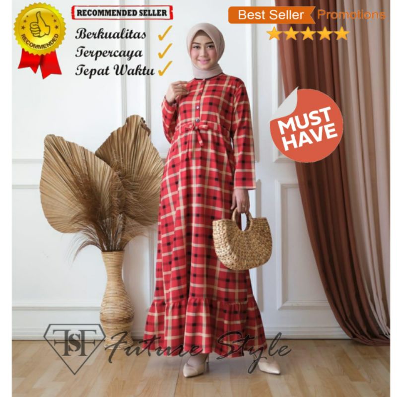 Gamis kotak garis wanita , pakaian muslim busui friendly