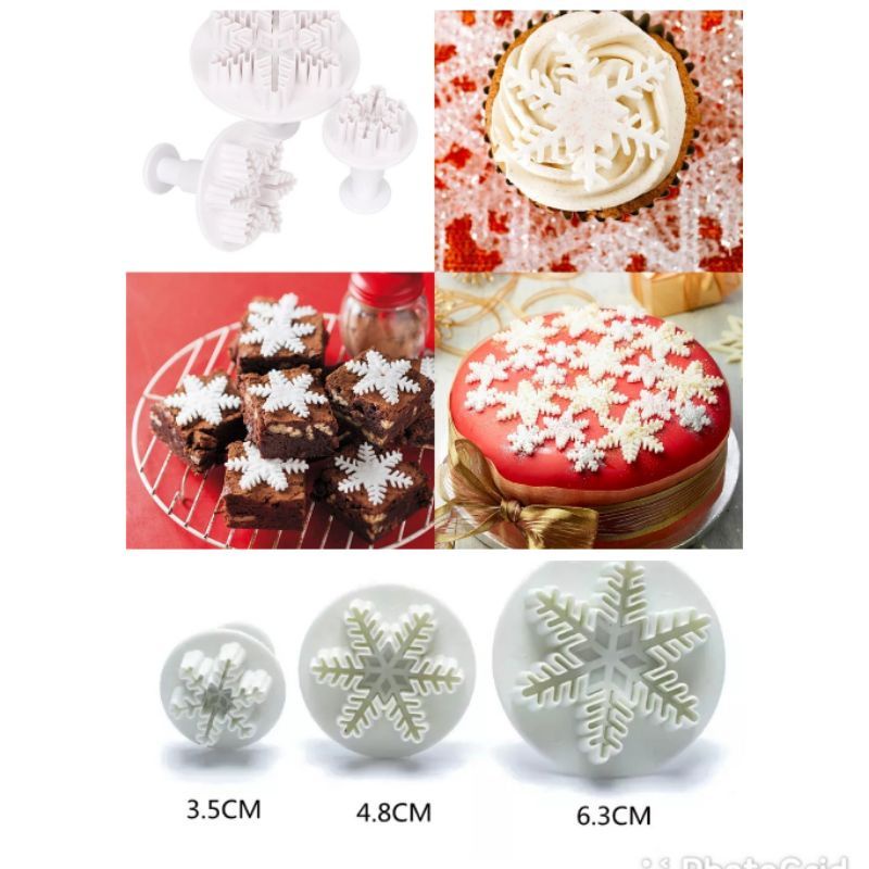 Plunger Snowflake isi 3pcs / Cetakan Fondant Snowflake Salju / Alat Dekorasi Kue