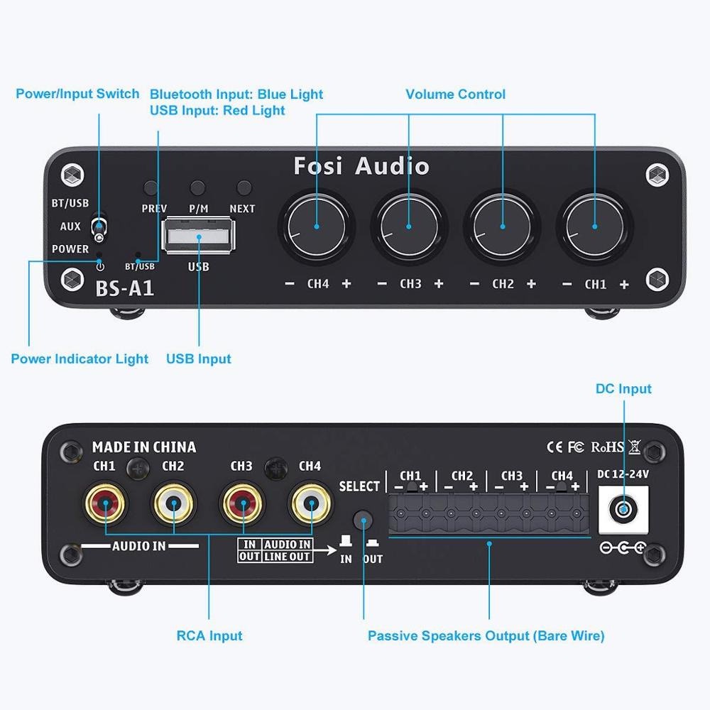 Fosi Audio Bluetooth 5.0 Amplifier 4.0 Channel Amp Class D 4x50W for Home Speaker - BS-A1 - Black