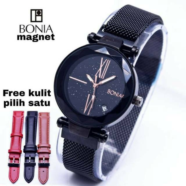 Bonia jam tangan wanita magnet pasir tali rantai warna hitam gold harga murah cewek free tali kulit