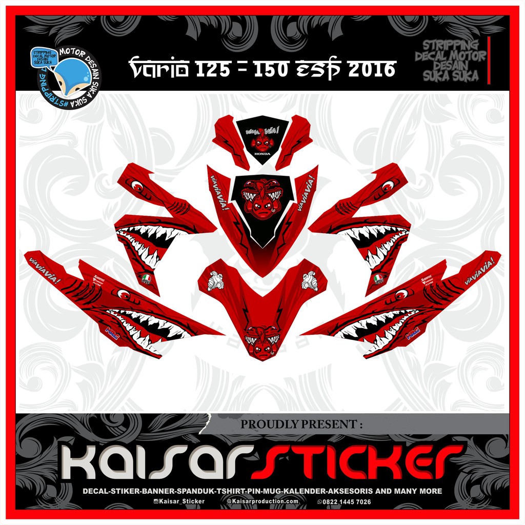 Decal Sticker Motor Full Body Stiker Honda Vario 150 - 125 Esp Full Body Hiu Shark Merah