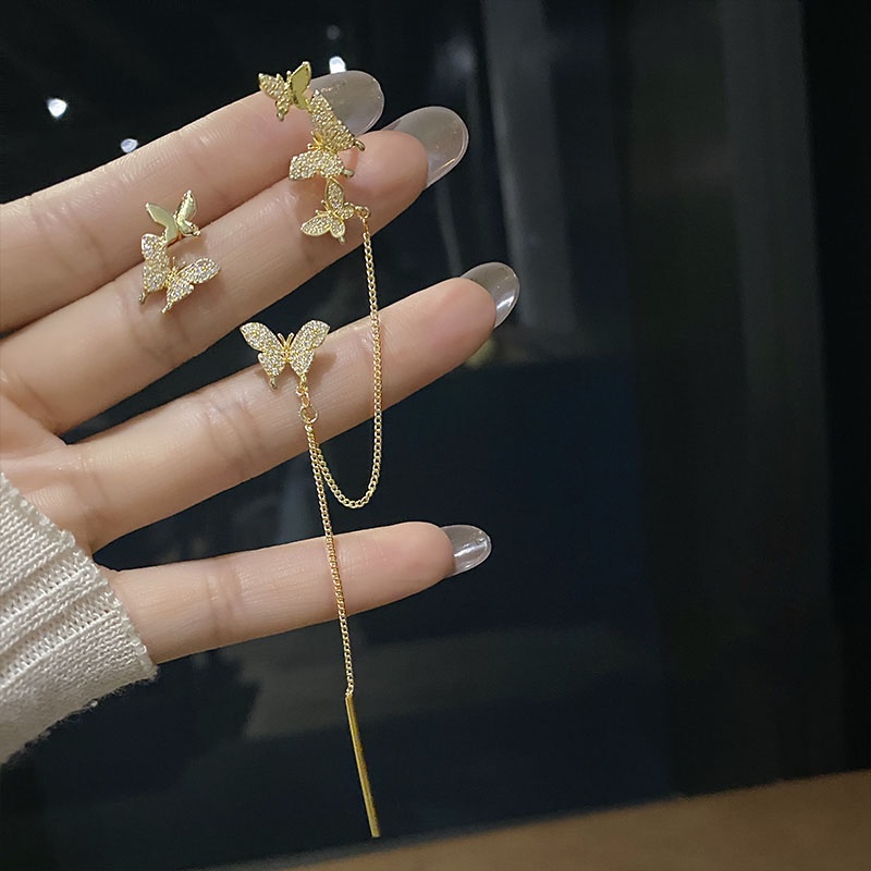 Anting Klip Tulang Telinga 925 Silver Needle Model Kupu-Kupu Rumbai Asimetris Gaya Korea Untuk Wanita