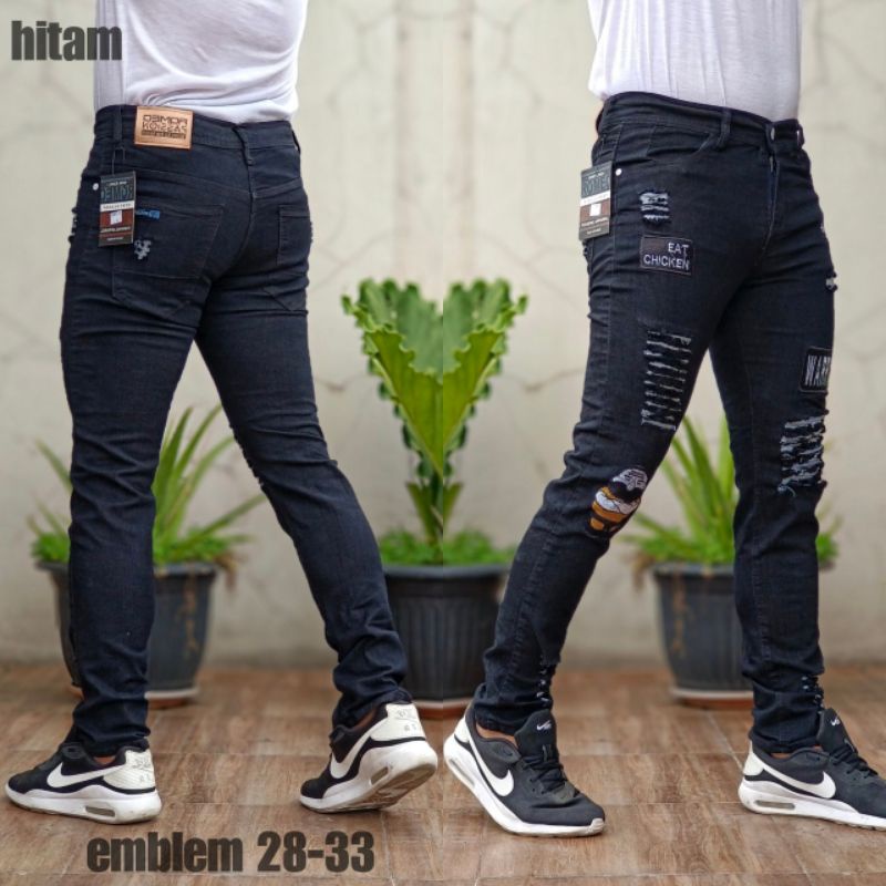 Celana Pria Jeans Bikers Hitam Abu Polos Tanpa Sobek