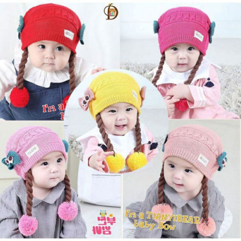 topi kupluk rajut kepang lokal tiruan import bayi anak perempuan newborn 1 tahun