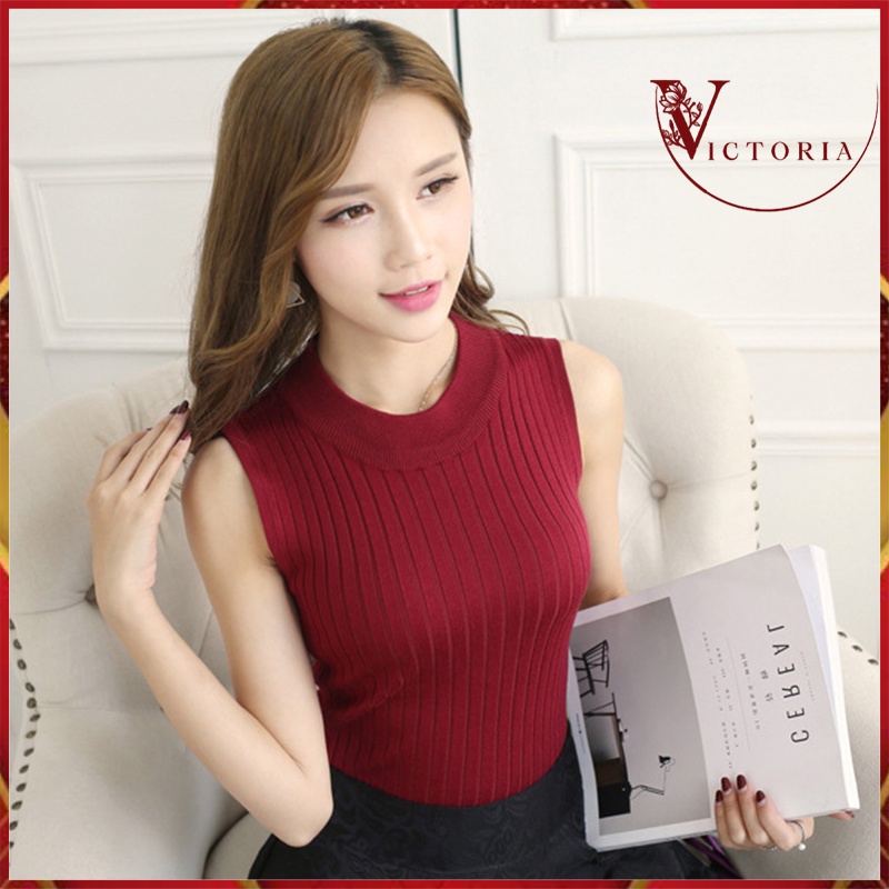 Victoria Pakaian Wanita Turtleneck tanpa lengan T-shirt Import 4042