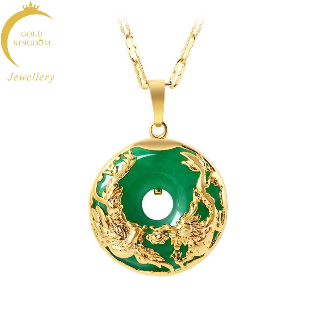 Goldkingdom Fashion Perhiasan Emas Asli Kadar 375 Bangkok Aksesoris Ready Stock Mendominasi Kalsedon Hijau Liontin Perempuan Naga Dan Phoenix Chengxiang Emas Bertatahkan Giok Kalung