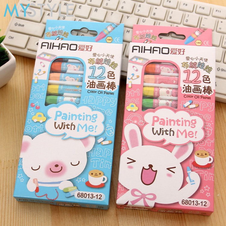 CRAYON SET OIL PASTEL 12 WARNA PENSIL WARNA ALAT MEWARNAI ALAT LUKIS ANAK PINK BIRU