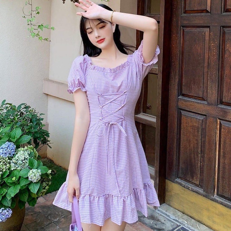 midi dress kasual warna ungu lilac dengan model sabrina lengan pendek CODE TG49-744