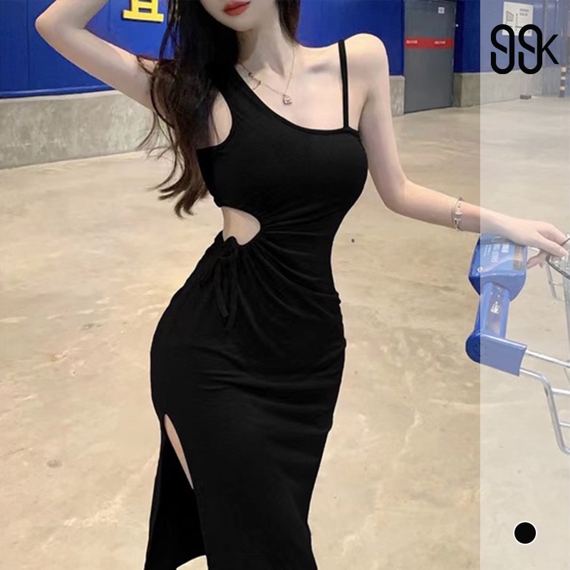 Women Round Drawstring Slit Sleeveless Midi Dress Wanita Tanpa Lengan 1476 (S-XL)