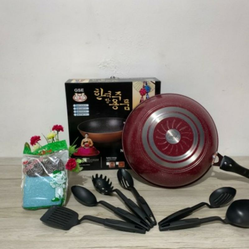 WOK PAN KOREA MARBLE COATING ANTI LENGKET 32CM / PANCI WOK ANTI LENGKET / WOK PAN KOREA