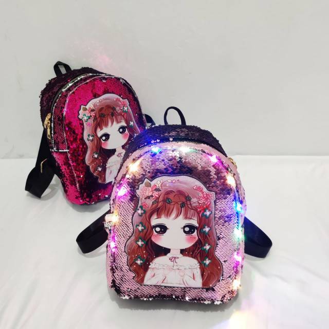  TAS  RANSEL LOL  SEQUIN KARAKTER PRINCESS LED  MENYALA DIMATA 