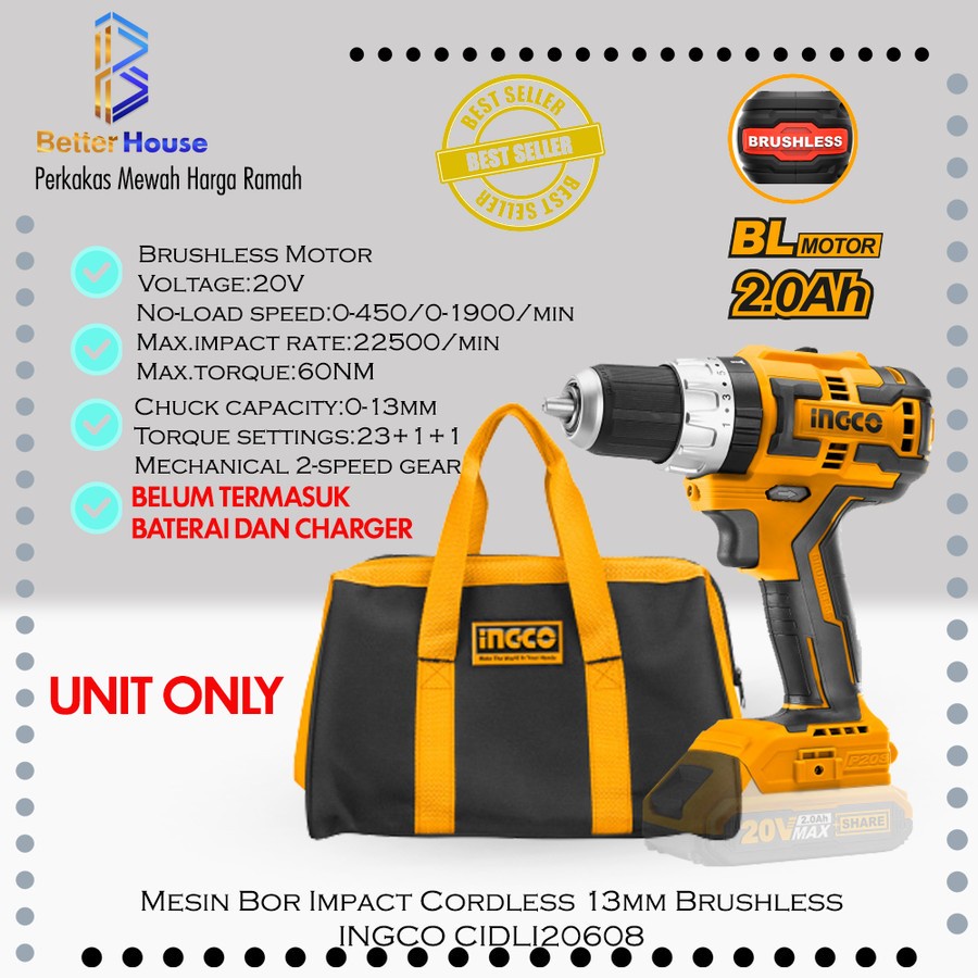 Bor Impact Cordless 13mm INGCO CIDLI20608 Cordless 20V Brushless Unit Only