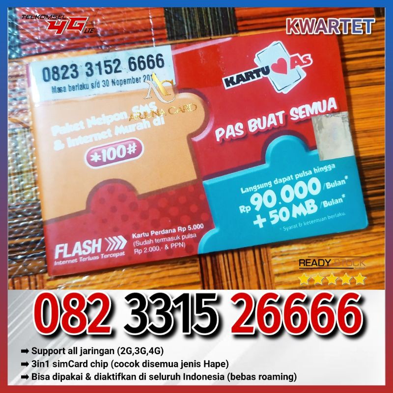 Kartu Perdana Nomor Cantik As 0823 xxx 26666 Telkomsel Kwartet 6666 sakti combo