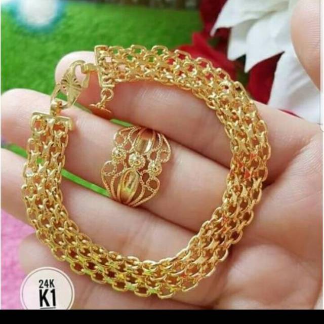 Gelang tangan dan cincin dilapisi emas 24 k C11jj