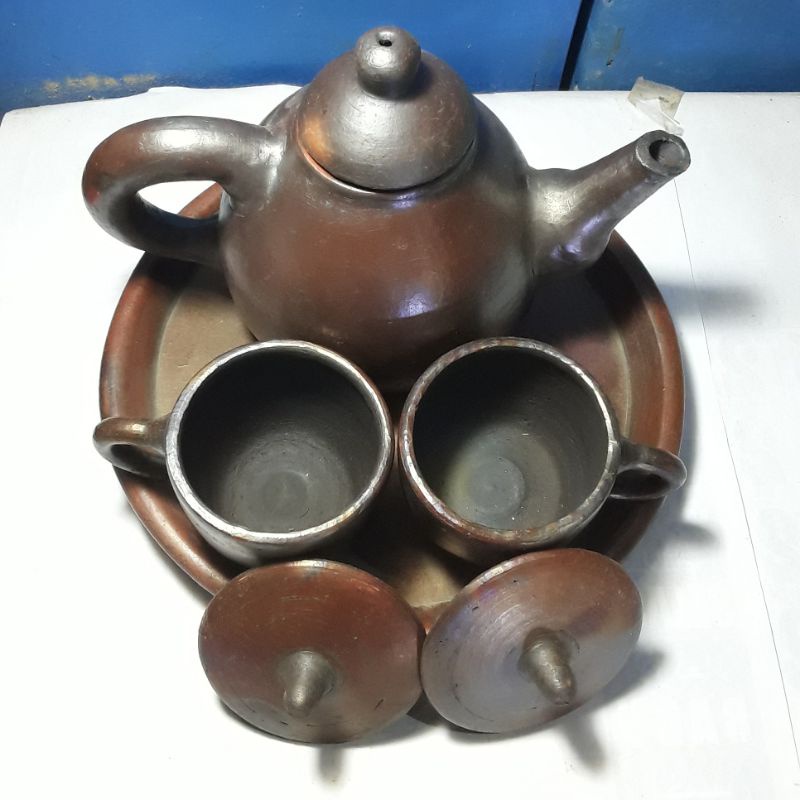 set teko polos teh poci 2 cangkir gerabah tanah liat