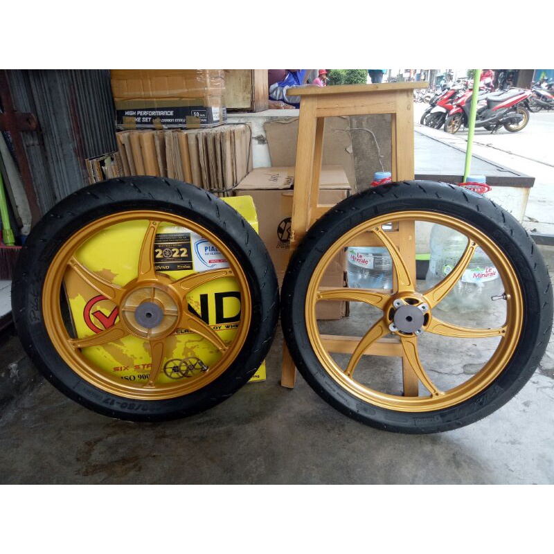 PAKETAN VELG RECING VND TIPE SIX STAR YAMAHA RX KING UKURAN 140-160 RING 17DAN PLUS BAN MICHELIN PIL