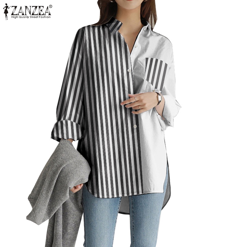 ZANZEA Women Casual Long Sleeve Lapel Loose Striped Patchwork Blouse